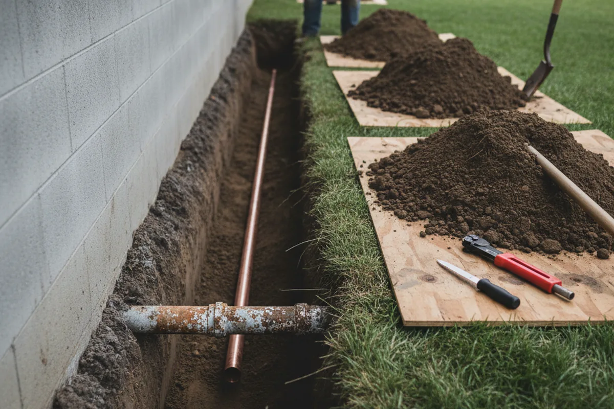 Excavated water line trench during Sewer Line Repair in Thornton